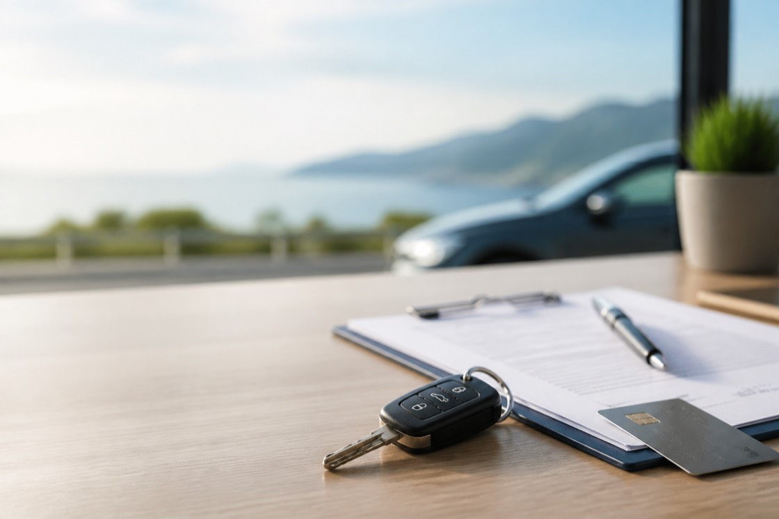 Car hire insurance documents and car keys on a desk