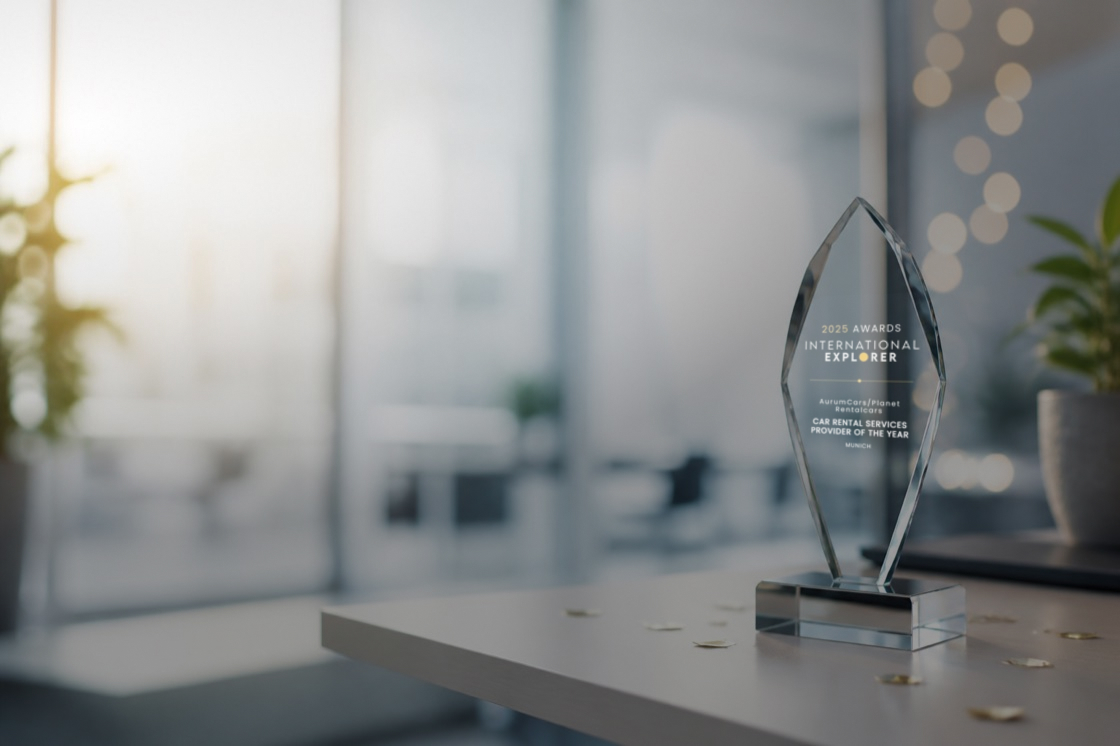 International Explorer Award trophy representing Planet Rentalcars' 2025 recognition